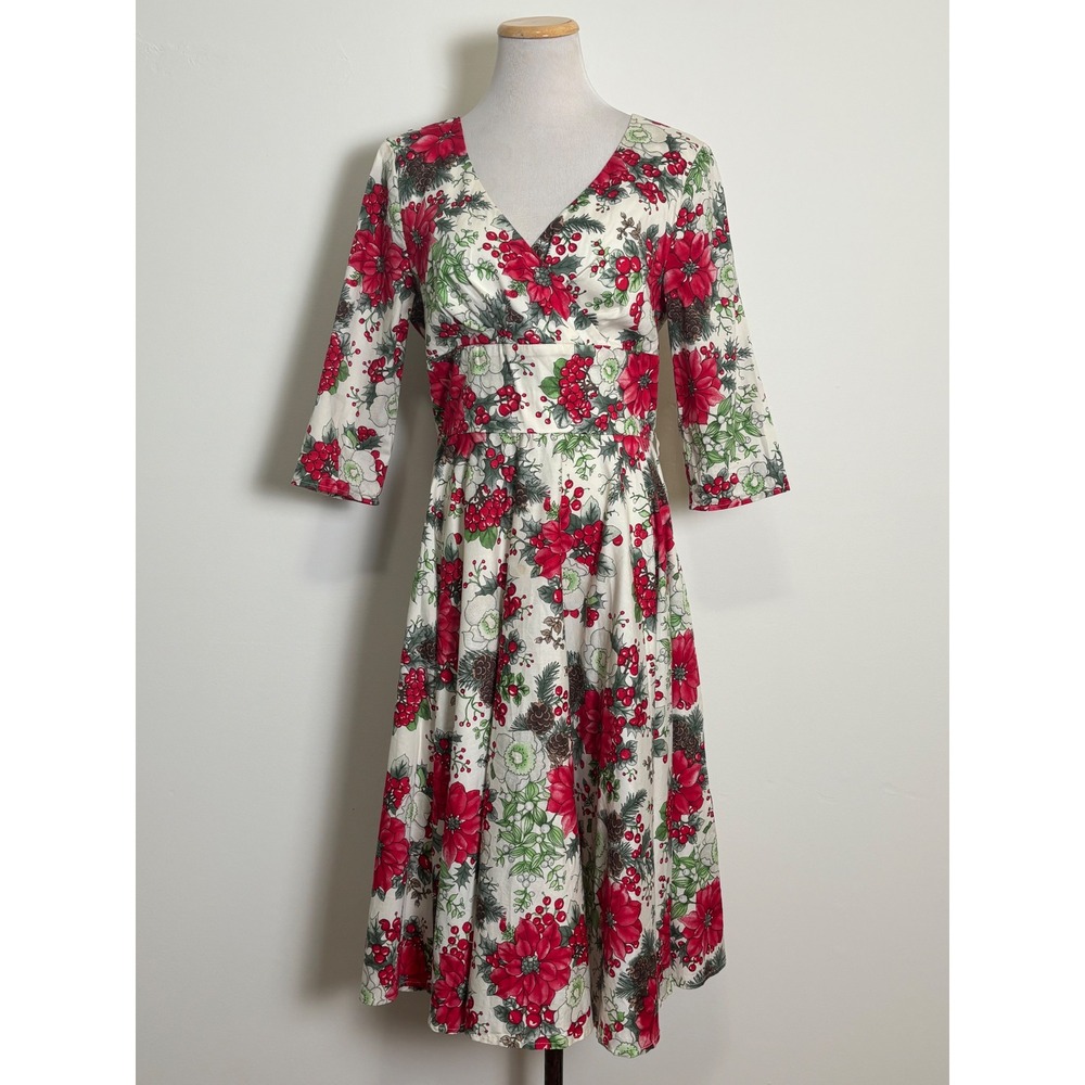 Hell Bunny Poinsettia Floral Midi Dress L Holiday Christmas Retro 3/4 Sleeve